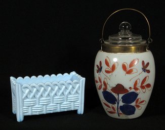 TWO PIECES OF VICTORIAN GLASS, INCLUDING A BLUE POSY TROUGH AND MINIATURE BISCUIT BARREL, 19TH CENTURY