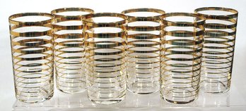 SET OF 6 VINTAGE GLASS TUMBLERS DECORATED WITH GOLD BANDS, MID 20TH CENTURY