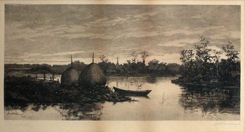 LOUIS K. HARLOW (AFTER AMERICAN, 1850 - 1913): 'RIVER LANDSCAPE,' SIGNED ETCHING, 1887