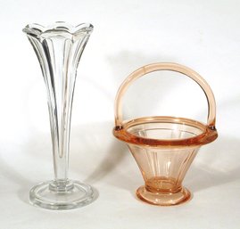 TWO VINTAGE PIECES OF HEISEY GLASS, INCLUDING A CLEAR TRUMPET VASE AND PINK BASKET, EARLY 20TH CENTURY