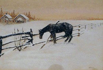 A. E. ROSVALL (AMERICAN, EARLY 20TH CENTURY: 'HORSE IN WINTER LANDSCAPE,' WATERCOLOR ON PAPER, 1918