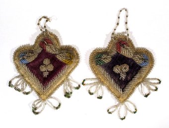 TWO ANTIQUE NATIVE AMERICAN IROQUOIS BEADED HEART ORNAMENTS, EARLY 20TH CENTURY