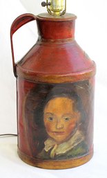 VINTAGE TOLE-PAINTED LAMP MADE FROM ANTIQUE MILK CAN, MID 20TH CENTURY