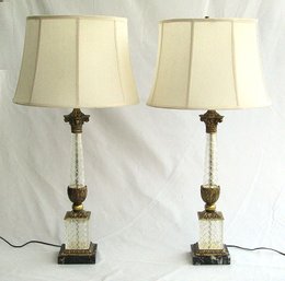 FINE VINTAGE PAIR OF CUT GLASS, MARBLE, AND BRASS TABLE LAMPS WITH SHADES