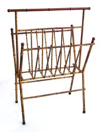 VINTAGE GILDED METAL FAUX BAMBOO TALL MAGAZINE/PORTFOLIO RACK, MID 20TH CENTURY