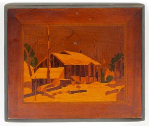 ANTIQUE FOLK ART INLAID WOOD MARQUETRY PLAQUE OF A WINTER SCENE, EARLY 20TH CENTURY