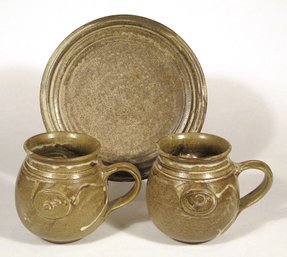 VINTAGE STUDIO POTTERY HIS-AND-HERS MUG SET WITH TRAY, MID-TO-LATE 20TH CENTURY
