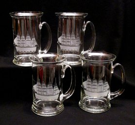 FOUR VINTAGE LARGE GLASS MUGS OR TANKARDS WITH ENGRAVED SAILING SHIPS BY TOSCANY, LATE 20TH CENTURY