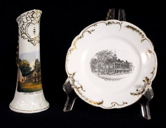 TWO PIECES OF ANTIQUE NEW HAMPSHIRE SOUVENIR CHINA, INCLUDING A HOLLIS PITCHER AND MILFORD PLATE, CIRCA 1900