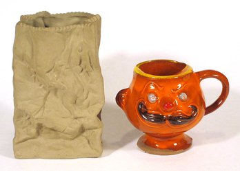 TWO VINTAGE CERAMICS, INCLUDING A PACIFIC STONEWARE MUSTACHE MUG AND A PAPER BAG VASE, 1960s - 1970s