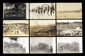 NINE ANTIQUE REAL PHOTO POSTCARDS RELATED TO WORLD WAR I, CIRCA 1916 - 1918