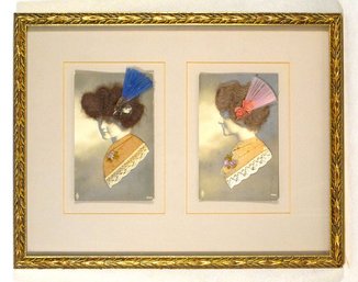 FRAMED PAIR OF ANTIQUE POSTCARDS WITH REAL HAIR AND FABRICS, EARLY 20TH CENTURY