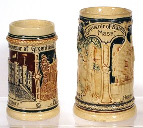 TWO ANTIQUE MINIATURE SOUVENIR STEINS FROM SALEM & GREENFIELD, MASSACHUSETTS, CIRCA 1900s - 1910s