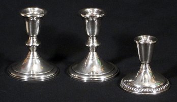 THREE VINTAGE WEIGHTED STERLING SILVER CANDLESTICKS, MID 20TH CENTURY