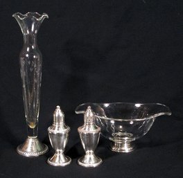 FOUR VINTAGE WEIGHTED STERLING SILVER OBJECTS, INCLUDING VASE, BOWL, AND SALT/PEPPER SHAKERS, MID 20TH CENTURY