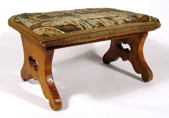 ANTIQUE FOOTSTOOL WITH MULTI-UPHOLSTERY HISTORY, 19TH CENTURY