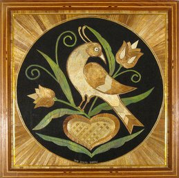 VINTAGE FOLK ART STRAW WORK PICTURE OF A BIRD WITH TULIPS AND HEART, CIRCA 1970s