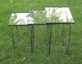 VINTAGE SET OF THREE IRON AND GLASS NESTING TABLES, MID 20TH CENTURY