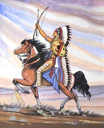 FRANK PAUL VIGIL (NATIVE AMERICAN, 1922 - 1979): 'APACHE WARRIOR ON HORSEBACK,' SILKSCREEN, MID 20TH CENTURY