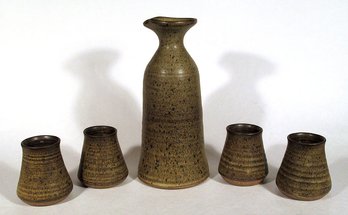 VINTAGE STUDIO POTTERY WINE SET INCLUDING DECANTER AND CUPS, SIGNED, MID 20TH CENTURY