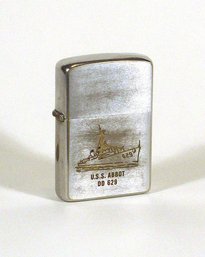 SCARCE VINTAGE MILITARY ZIPPO LIGHTER WITH ENGRAVED IMAGE OF DESTROYER USS ABBOT, 1963