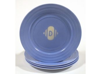 TEN UNUSUAL ART DECO 'MODERNTONE' PLATES IN PINK AND BLUE PLATONITE BY HAZEL ATLAS, CIRCA 1940s