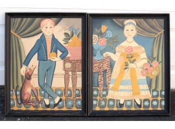 VINTAGE PAIR OF FRAMED FOLK ART-STYLE SILKSCREEN PORTRAITS OF CHILDREN, CIRCA 1950s