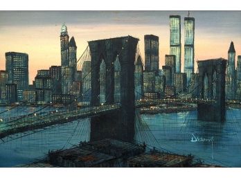 'LOWER MANHATTAN SKYLINE,' LARGE VINTAGE OIL PAINTING W/ WORLD TRADE CENTER, 1970s