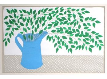 JUDITH SHAHN (1929 - 2009): 'BLUE PITCHER WITH LEAFY BRANCHES,' COLOR SILKSCREEN, CIRCA 1975