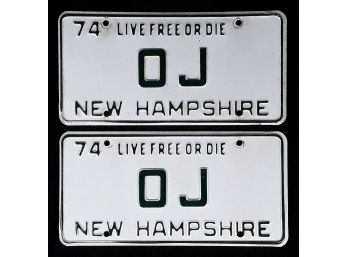 PAIR OF VINTAGE 'OJ' NEW HAMPSHIRE VANITY LICENSE PLATES, 1974