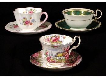 THREE VINTAGE BONE CHINA CUP AND SAUCER SETS, INCLUDING ROYAL ALBERT, SHELLEY, AND AYNSLEY