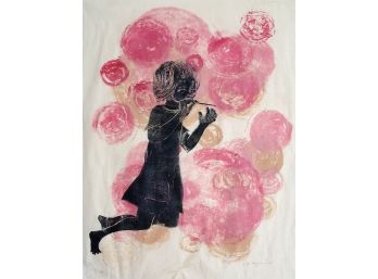 HOPE MERYMAN (1931 - 1975): 'GIRL BLOWING BUBBLES,' LARGE COLOR WOODCUT, 1965