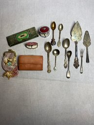 Misc. Lot With Spoons, Mirror, Coin Bag And More