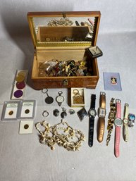 Wooden Box Filled With Watches, Jewelry, Coins, And More! (see Photos)