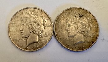 Two 1922- P Peace Silver Dollars
