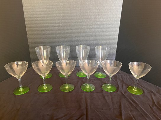 Lot Of Crystal Green Footed Glasses