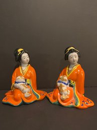 Japanese Kutani Okimono Figures, Seated Woman With A Dog From Late Meiji Period