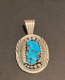 Sterling Silver Blue Turquoise Pendant By Navajo Artist M.Spencer