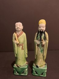 Pair Antique Chinese Republic Sancai Glazed Porcelain Statue Figures On Plinths