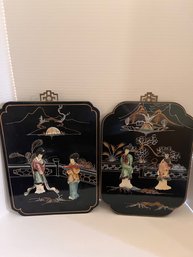 Pair Of Vintage Pearl Inlayed Geisha Wall Art  Pieces