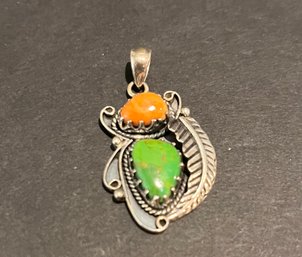 Sterling Silver Pendant With Spiny Oyster And Green Turquoise