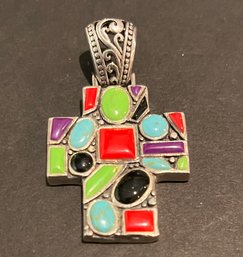 Sterling Silver 925 Multi Gemstone Mosaic Cross Pendant