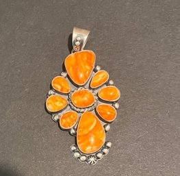 Sterling Silver And Orange Spiny Oyster Cluster Pendant