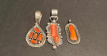 Three Coral And Sterling Silver Pendants