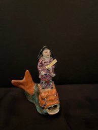 Antique Chinese Republic Period Porcelain Figurine Scholar Riding Mythical Fish