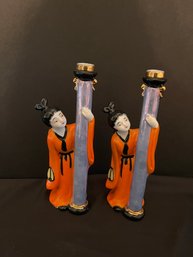 Pair Of Vintage Geisha Figurines Leaning On Lamp Posts