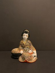 Japanese Satsuma Ashtray- Geisha With Cat