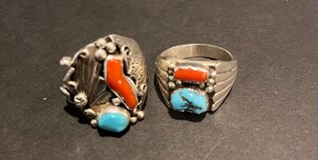 Two Coral And Turquoise Sterling Silver Rings