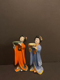 Pair Of Japanese Porcelain Figurines Holding Bowls