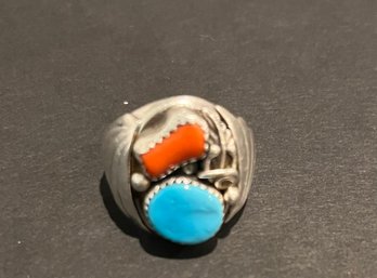 Sterling Silver Ring With Turquoise  And Coral- Signed S.lee